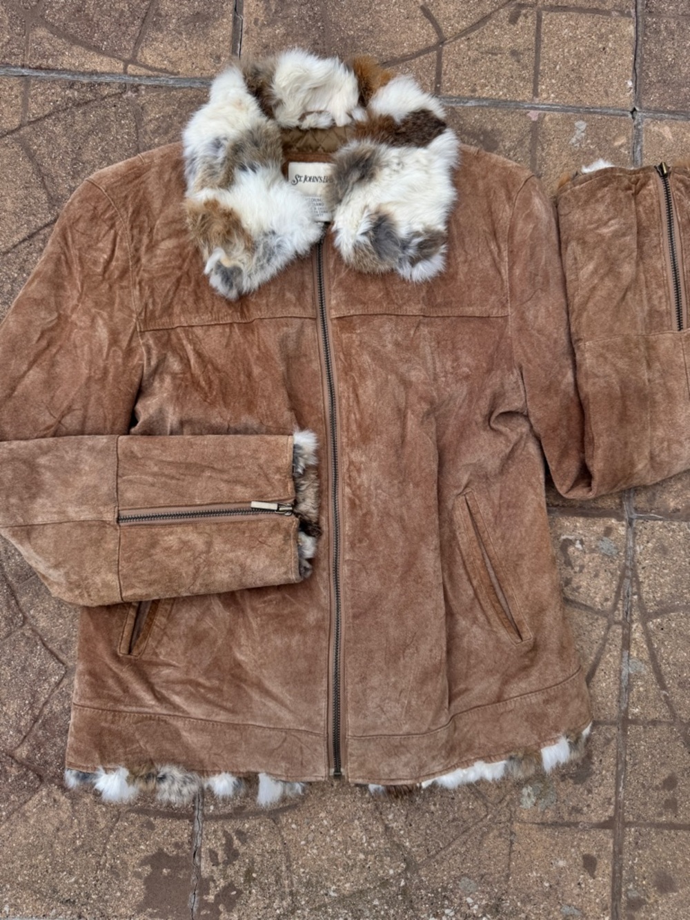 Suede Rabbit Fur Trim Jacket - Brown